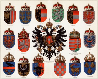 Wapenschilden van de graafschappen van Oostenrijk-Hongarije en klein Oostenrijks nationaal wapen, ca. 1907 door Unbekannt