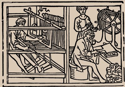 Kam, spinnen en weven van wol. Uit Speculum Vitae Humanae door Rodericus Zamorensis, 1479 door Unbekannt