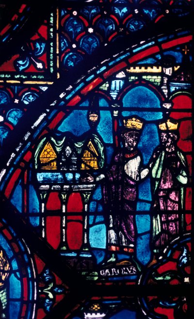 Constantijn presenteert relikwieën aan Karel de Grote, glas-in-lood, Kathedraal van Chartres, Frankrijk, ca. 1225 door Unbekannt