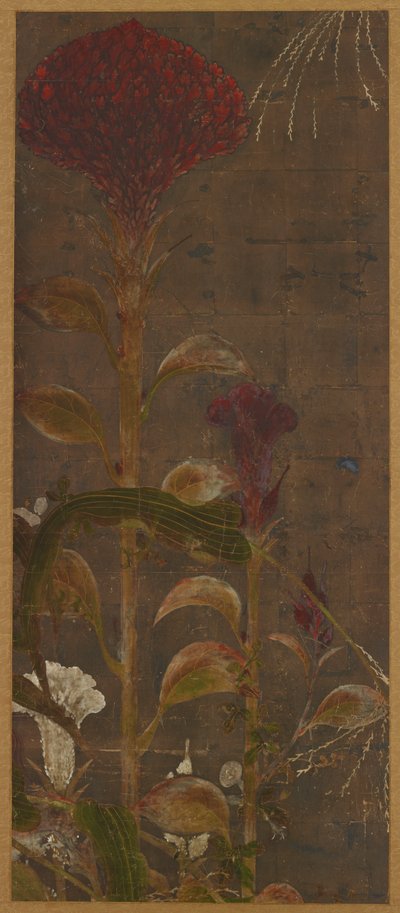 Hanekammen, maïs en ochtendglorieën, Momoyama-periode, 1568-1615 door Unbekannt