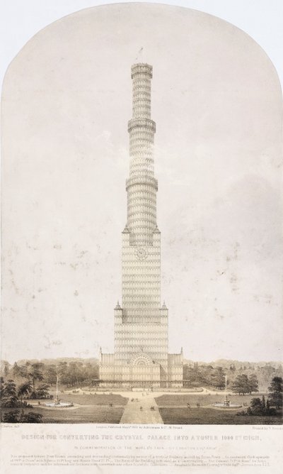 Crystal Palace, na de Grote Tentoonstelling Ontwerp voor het ombouwen van het Crystal Palace tot een toren van 1000 voet hoog door Unbekannt