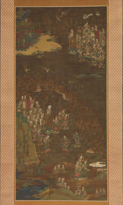 Daling en Terugkeer van Amida naar het Westelijke Paradijs met de Ziel van een Gelovige Gosho mandara, ca. 1300 door Unbekannt