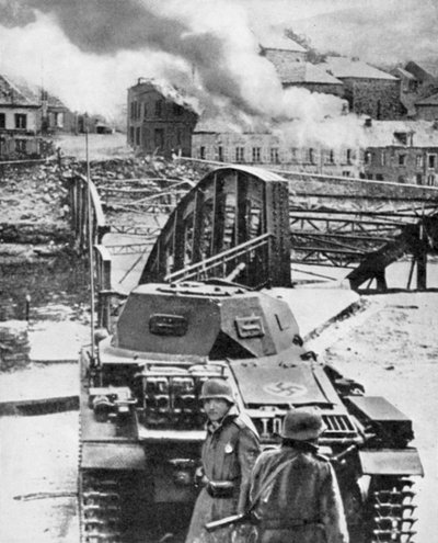 Vernietiging van brug over de Maas door Belgen om Duitse opmars te stoppen, Tweede Wereldoorlog, 1940 door Unbekannt