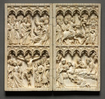 Diptiek met scènes uit het leven van Christus linker vleugel: Opwekking van Lazarus en Kruisiging, c. 135 door Unbekannt
