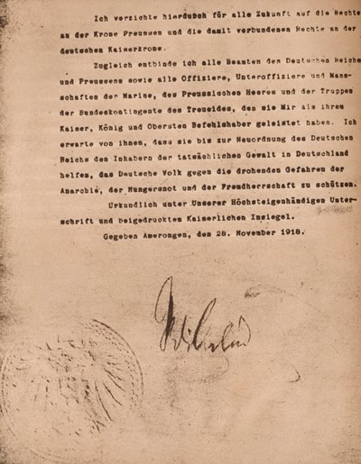 Document ter bevestiging van de troonsafstand van keizer Wilhelm II van Duitsland, 9 november 1918, 1935 door Unbekannt