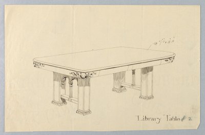 Tekening, Ontwerp voor rechthoekige bibliotheektafel #2 met putti gezichten gesneden op elk van de afgeronde hoeken door Unbekannt