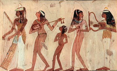 Egyptische gebogen harp, luit, dubbele hobo en lier, graf schilderij in Veset Thebe door Unbekannt