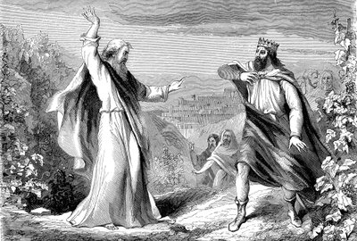 Elia, profeet uit het Oude Testament, die Achab, afgodische koning van Israël, in de wijngaard van Naboth veroordeelt door Unbekannt