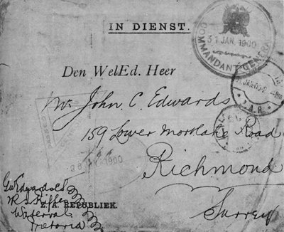Envelop geadresseerd door Kleur-Sergeant Edwards, 2e Royal Irish Rifles, 1900 door Unbekannt