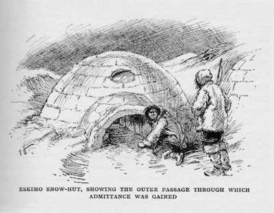 Eskimo-sneeuwhut, met de buitenste doorgang waardoor toegang werd verkregen, ca. 1927, 1928 door Unbekannt