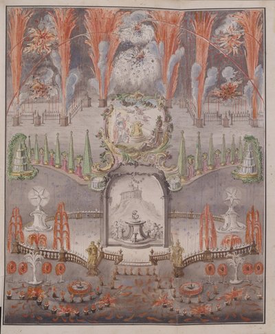 Vuurwerk en verlichting op 17 september 1747 in Gostilitsy, midden 18e eeuw door Unbekannt