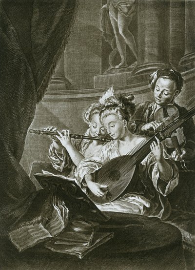 Fluit, viool en chitarrone George Frederick Handel als jonge muzikant in Hamburg, achttiende eeuw door Unbekannt