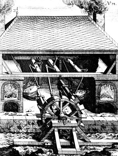 Smederij met blaasbalg aangedreven door een onderslag watermolen via krukken, 1673 door Unbekannt