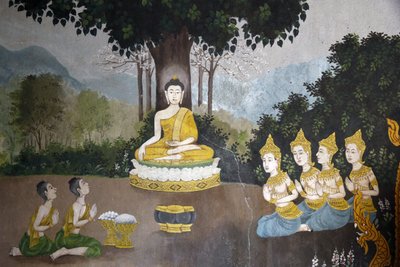 Fresco dat een scène uit het leven van de Boeddha afbeeldt in Wat Phra Doi Suthep, Chiang Mai. Boeddha ontvangt aalmoezen. Thailand door Unbekannt