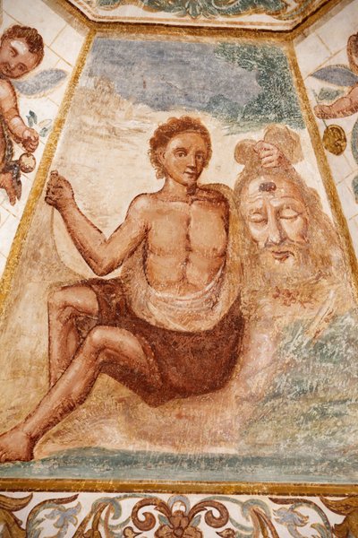 Fresco in Dominicanenkerk, Muro Leccese, Apulië: man die het hoofd van Sint-Jan de Doper vasthoudt, Muro Leccese, Italië door Unbekannt