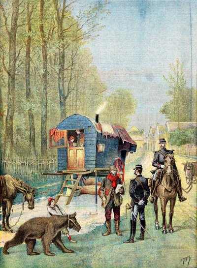 Gendarmes brengen volkstellingsformulieren naar een kampement van rondtrekkende zigeuners in hun caravan, 1895 door Unbekannt