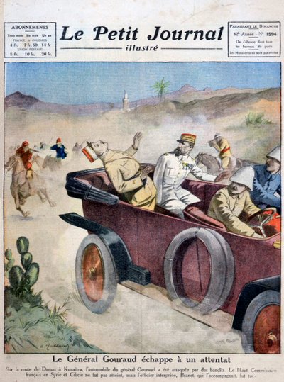 Generaal Gouraud ontsnapt aan een moordaanslag op weg van Damascus naar Kunaitra, 1921 door Unbekannt