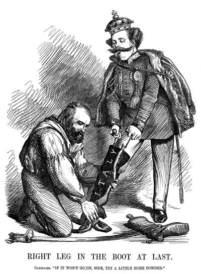 Giuseppe Garibaldi helpt Victor Emmanuel II de laars van Italië aan te trekken door Unbekannt