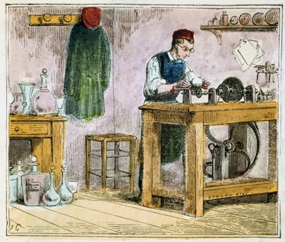Glasbewerker die tafelgerei decoreert op een carborundum wiel, 1867 door Unbekannt