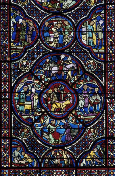 Gotische kunst: het leven van het wonderkind. Glas-in-lood van de ommegang van de Kathedraal Saint Etienne de Bourges (Loir et Cher) door Unbekannt