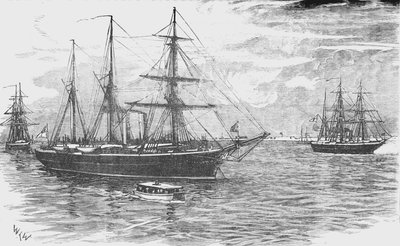 HMS Iris, met de kanonneerboten Beacon en Decoy, blokkade van Damietta, ca. 1882 door Unbekannt