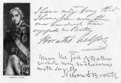 Handschrift en handtekeningen van Lord Nelson voor en na het verlies van zijn rechterarm, inclusief zijn laatste brief voor de slag bij Trafalgar, geschreven vanaf HMS 