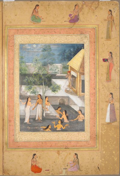 Harem Nacht-Badscène (recto: Kalligrafie omgeven door een decoratieve rand) door Unbekannt