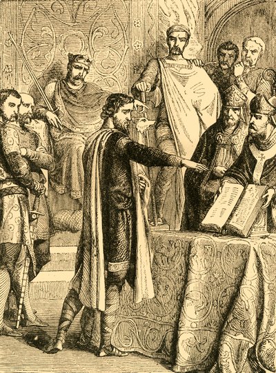 Harold zweert het recht van de hertog van Normandië op de troon van Engeland te handhaven, ca. 1890 door Unbekannt