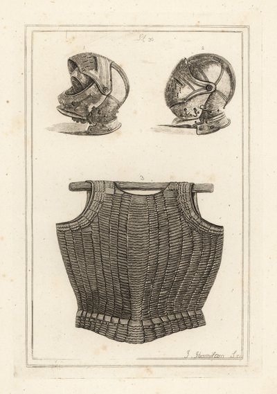 Helm gevonden op Bosworth Field, en flexibele kuras van metalen lamellen op leer die zou hebben toebehoord aan koning Hendrik VIII door Unbekannt