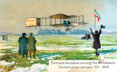 Henri Farman, Franse vliegenier, wint prijs voor eerste cirkelvormige kilometer vlucht, Parijs, jan 1908 door Unbekannt
