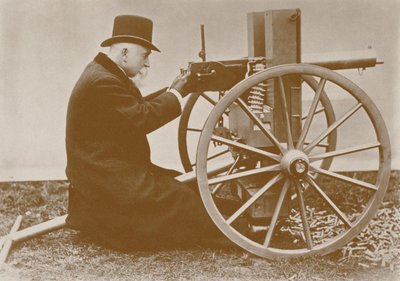 Hiram Maxim 1840-1916 presenteert het eerste automatische machinegeweer, 1884 door Unbekannt