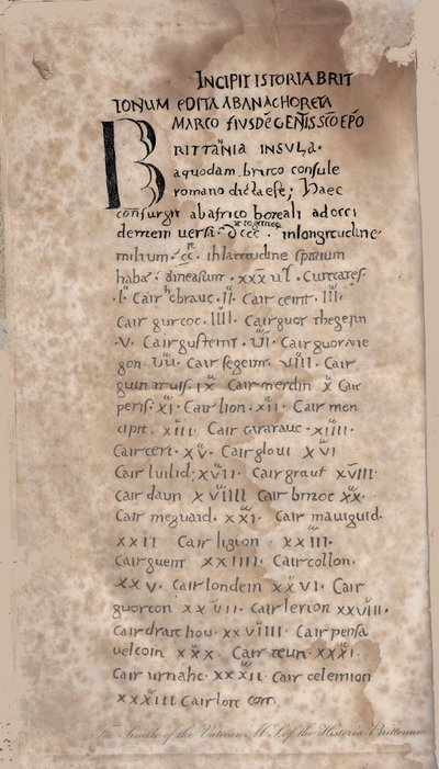 Historia Brittonum door Nennius. Eerste pagina van manuscript, 11e eeuw door Unbekannt