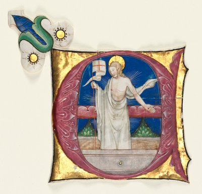 Geïllustreerde initiaal E uitgesneden uit een antifonarium: Verrezen Christus in het graf, ca. 1420-1450 door Unbekannt