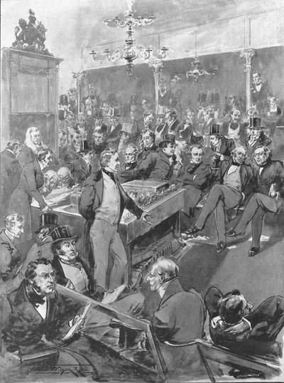 House of Commons, 1846: Robert Peel kondigt zijn bekering tot vrijhandelsprincipes aan..., 1901 door Unbekannt
