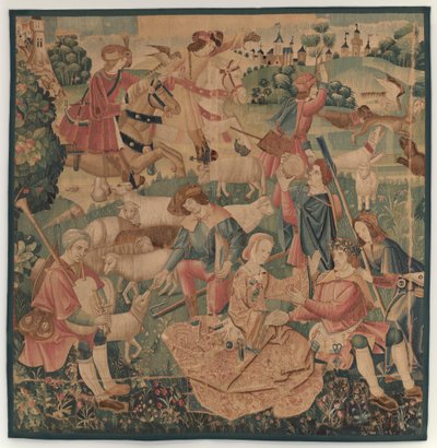 Jacht- en pastorale scènes, met een omkranste held tussen dames, c. 1510 door Unbekannt