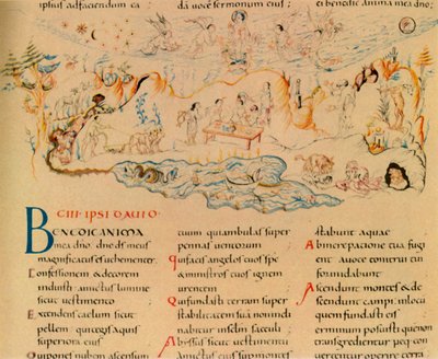 Illustratie en deel van de tekst van Psalm 103, ca. 1000-1050, 1947 door Unbekannt