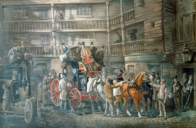Herberg met postkoets die zich voorbereidt om te vertrekken, ca. 1840 door Unbekannt