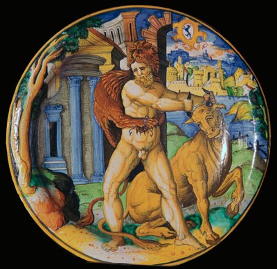Italiaans aardewerken bord met een afbeelding van Hercules en de Kretenzische stier, 16e eeuw door Unbekannt