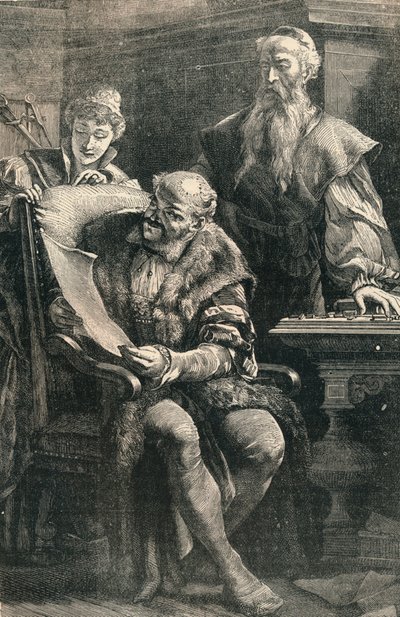 Johannes Gutenberg toont een deel van het eerste gedrukte boek aan Faust, 14e eeuw, ca. 1910 door Unbekannt