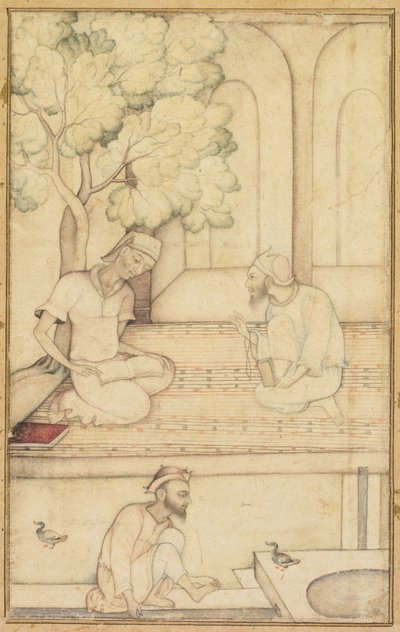 Kabir en twee volgelingen op een terras recto, kalligrafie verso, c. 1610-1620 door Unbekannt