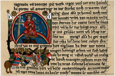 Khosrau II van Perzië met kruis en duif, op zijn mechanische troon door Unbekannt