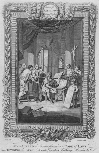 Koning Alfred de Grote, vormt een wetboek en verdeelt het koninkrijk in graafschappen, ca. 1787 door Unbekannt