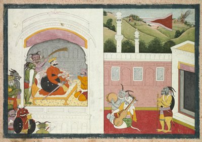 Koning Bana geniet van muziek in zijn hof, uit de Usha-Aniruddha sectie van een Krishna Lila, ca. 1760-17 door Unbekannt