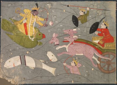 Krishna vecht tegen de zonen van Vanasura: scène uit de Aniruddha Usha-sectie van Krishna Lila, ca. 1840 door Unbekannt