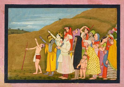 Krishna en zijn familie bewonderen een zonsverduistering door Unbekannt