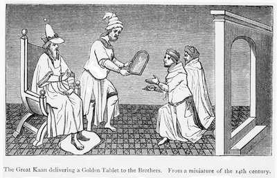 Kublai Khan geeft een gouden tablet die veilige doorgang garandeert aan Niccolo en Maffeo Polo door Unbekannt