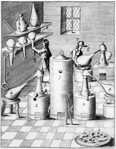 Laboratorium voor het raffineren van goud en zilver, met typisch laboratoriumapparatuur, 1683 door Unbekannt