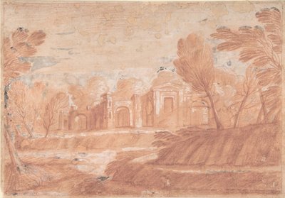 Landschap met architectonische structuur door Unbekannt