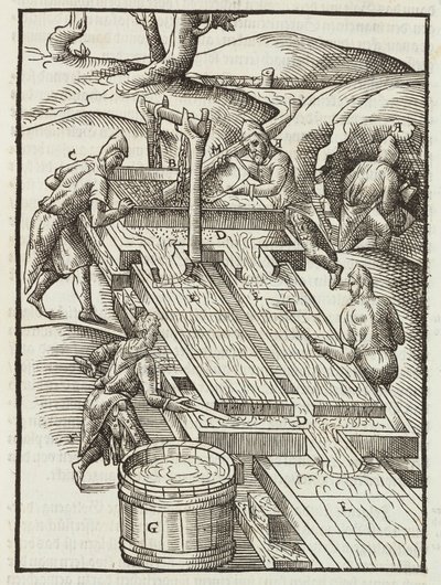 Wassen van gouderts in houten bakken gevuld met water - Gravure uit Description des minerais et des principales methodes d
