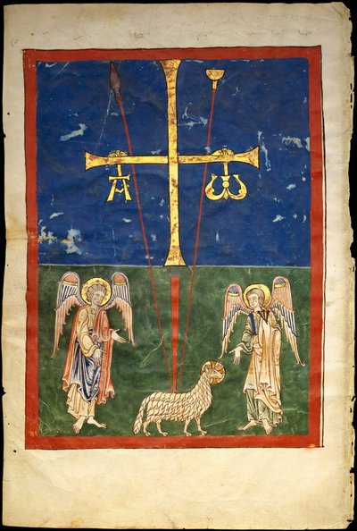 Blad uit een Beatus-manuscript: het Lam aan de voet van het kruis, geflankeerd door twee engelen door Unbekannt